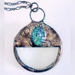 Long Handmade Magnifying Glass Czech Opal Glass Inset Pendant Necklace